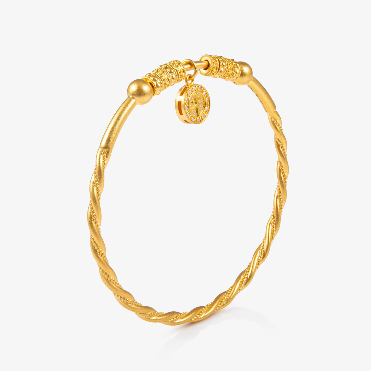 24K Gold Twist Diamond Bangle with Ruyi Charm 24K黄金扭纹如意天然