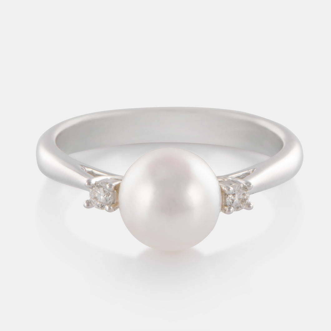 18K White Gold  Akoya Pearl Diamond Band Ring