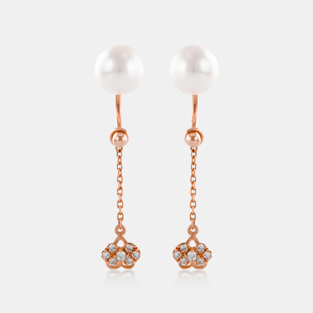 18K Rose Gold Akoya Pearl Diamond Chain Drop Earrings