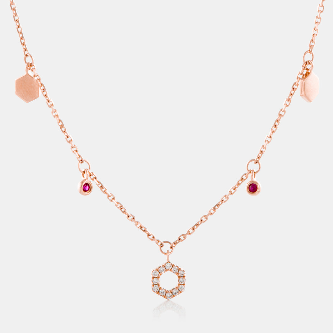 18K Rose Gold Ruby and Diamond Charm Necklace