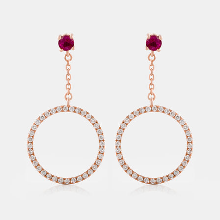 Ruby and Drop Diamond Circle Earrings