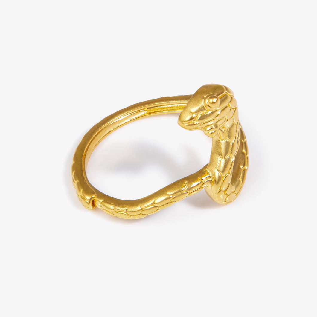 24K gold snake ring with raised sculpted head and scale pattern

足金蛇形戒指，蛇头雕刻与鳞片纹理设计
