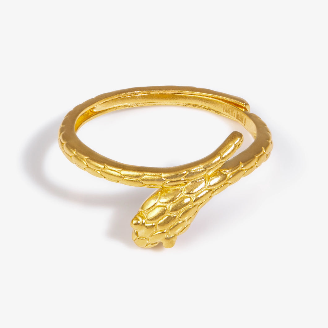 24K gold snake ring with scale texture, coiled design, and sculpted snakehead

足金蛇形戒指，环绕设计，鳞片纹理与蛇头雕刻