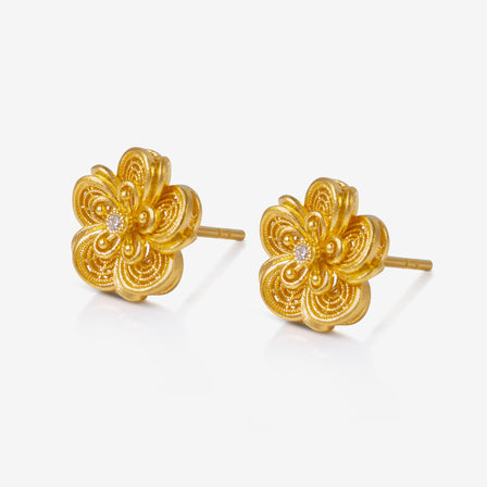 24K Antique Gold Diamond Peony Filigree Earrings