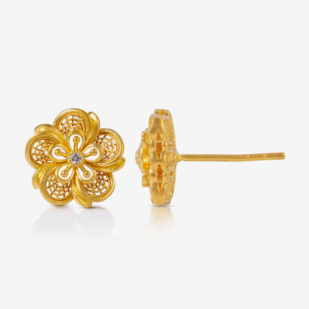 24K Antique Gold Diamond Peony Filigree Earrings