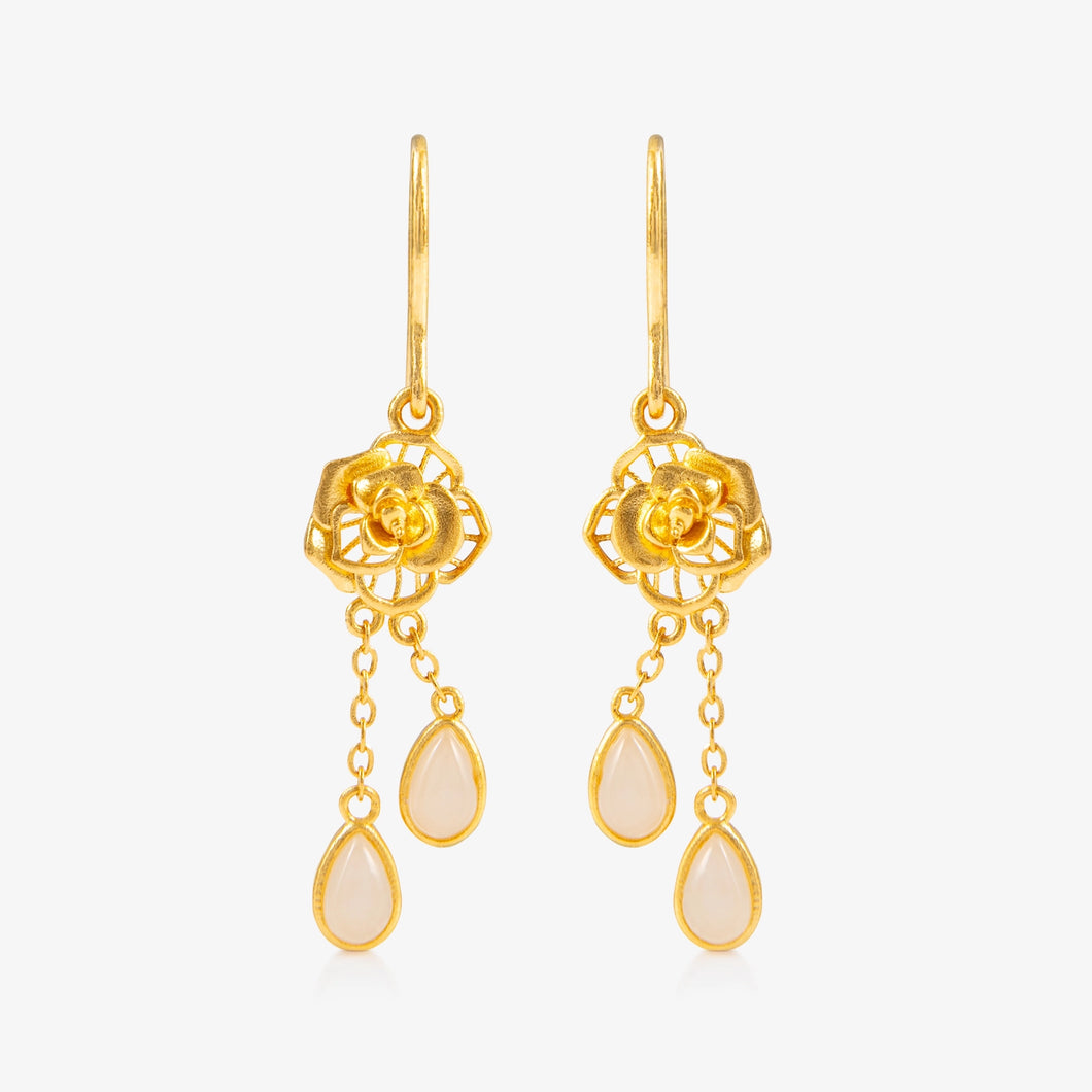 Nephrite and 24K Gold Rose Tassel Earrings featuring a rose motif and nephrite teardrop tassels.