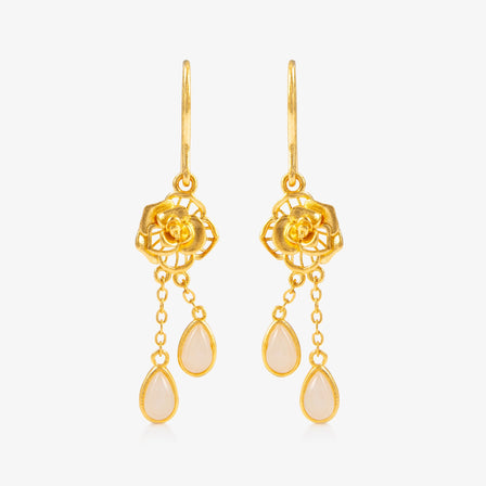 Nephrite and 24K Gold Rose Tassel Earrings featuring a rose motif and nephrite teardrop tassels.