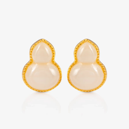 Nephrite and 24K Gold Hulu Stud Earrings with a classic gourd design, symbolizing protection and good fortune.