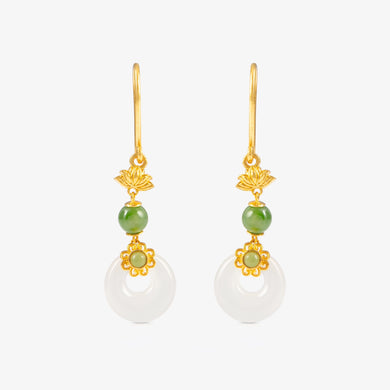 Nephrite and 24K Gold Nephrite Peacebuckle Earrings with lotus flower detail, featuring peacebuckle motif, weighing 3.19g