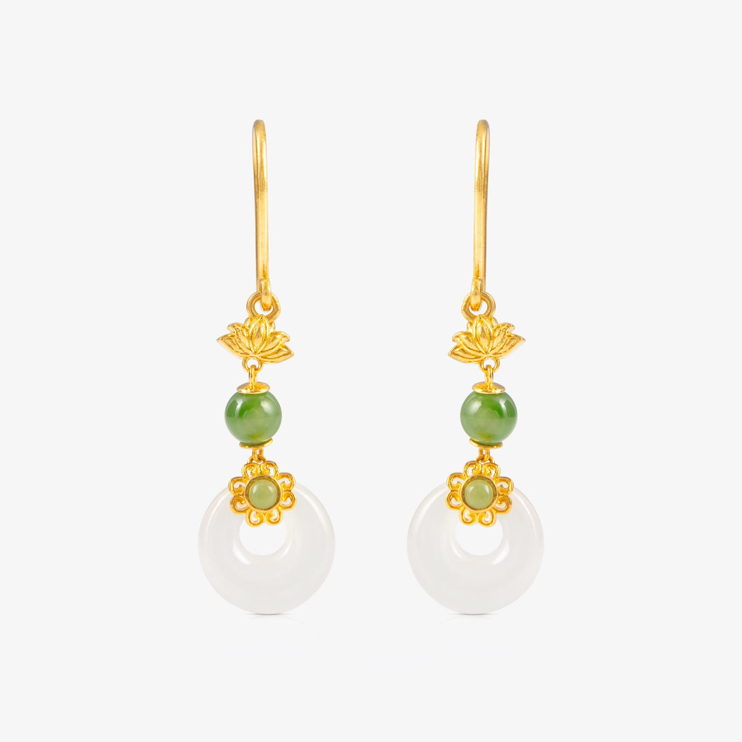 Nephrite and 24K Gold Nephrite Peacebuckle Earrings with lotus flower detail, featuring peacebuckle motif, weighing 3.19g