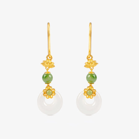 Nephrite and 24K Gold Nephrite Peacebuckle Earrings with lotus flower detail, featuring peacebuckle motif, weighing 3.19g