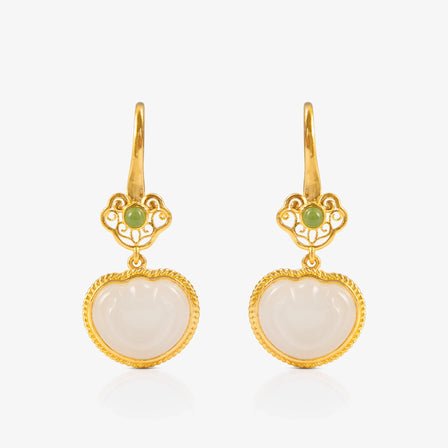 Nephrite and 24K Gold Ruyi Earrings featuring intricate design with a white nephrite heart-shaped pendant and delicate green jade accents, suspended from 24K gold.