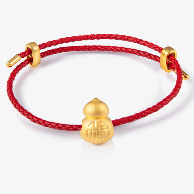 24K gold gourd charm engraved with 福 character on red cord