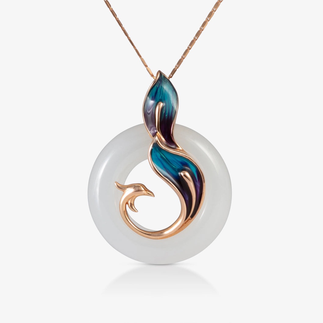 Nephrite peace buckle pendant featuring intricate blue and purple enamel phoenix design, set in 18K rose gold. Handcrafted with detailed enamel work, symbolizing tranquility and protection.