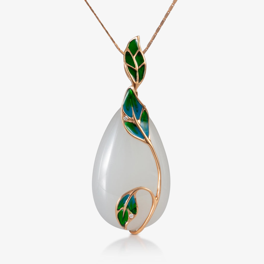 Nephrite teardrop pendant with green and blue leaf enamel in 18K rose gold.