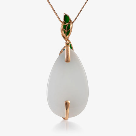 Nephrite Teardrop Pendant with Leaf Enamel in 18K Rose Gold