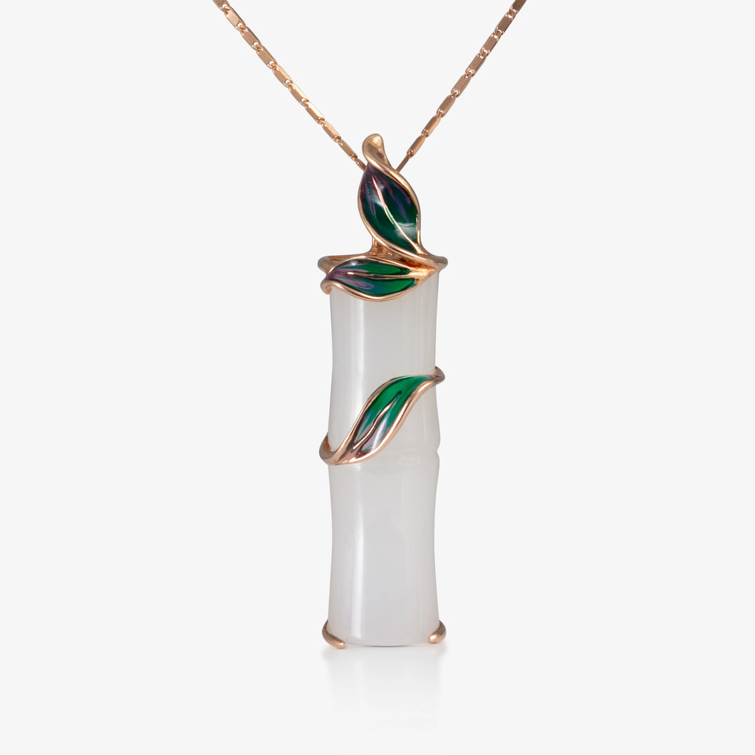 Nephrite Bamboo Pendant with Leaf Enamel in 18K Rose Gold