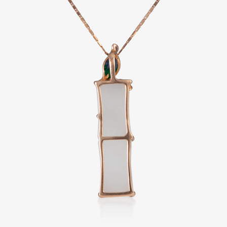 Nephrite Bamboo Pendant with Leaf Enamel in 18K Rose Gold