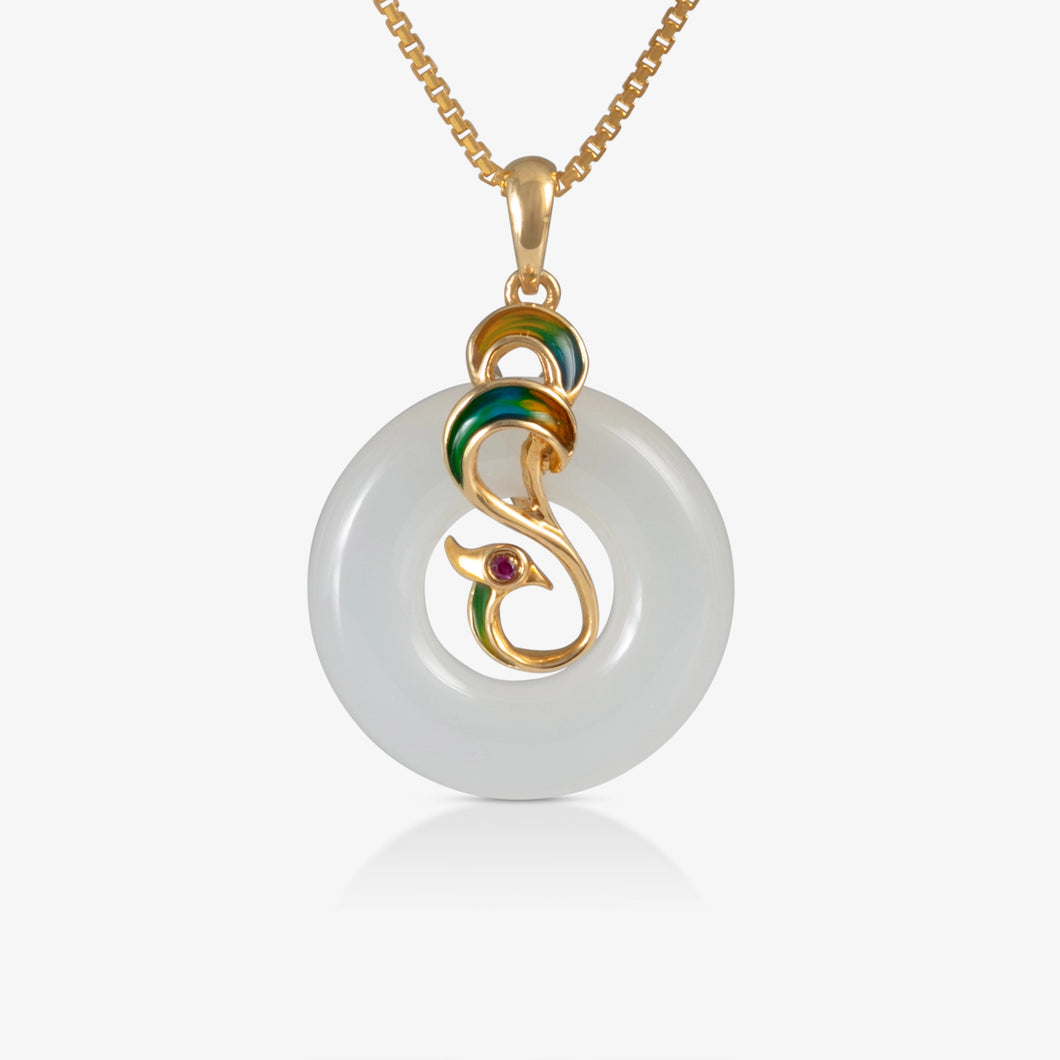 Nephrite Peace Buckle Pendant with colorful enamel phoenix in 18K yellow gold.