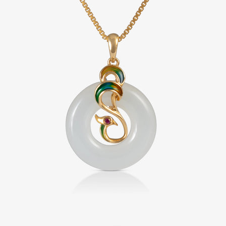 Nephrite Peace Buckle Pendant with colorful enamel phoenix in 18K yellow gold.