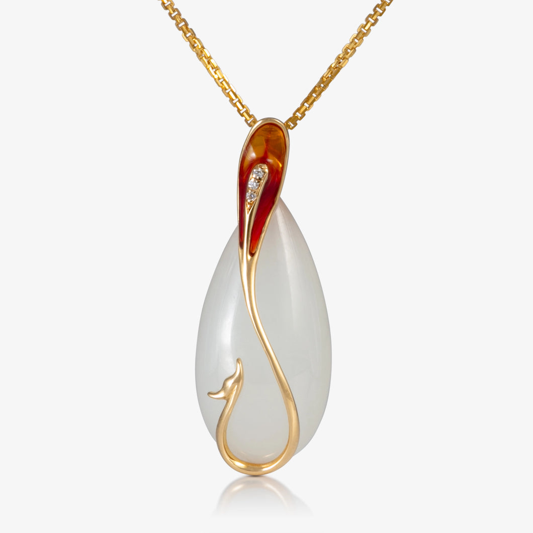 Nephrite teardrop pendant with red enamel phoenix and diamond accents in 18K yellow gold.