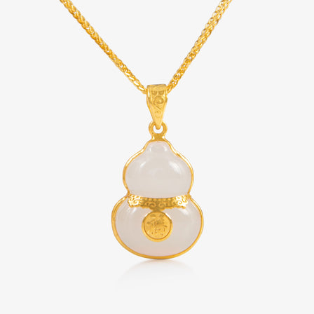 Nephrite and 24K Gold Hulu Pendant showcasing intricate gold detailing with a traditional hulu design, set on a gold chain.