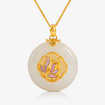 Nephrite and 24K Gold Filigree Lotus Pendant 9.80g featuring intricate gold filigree design with a lotus motif and pink enamel accents.