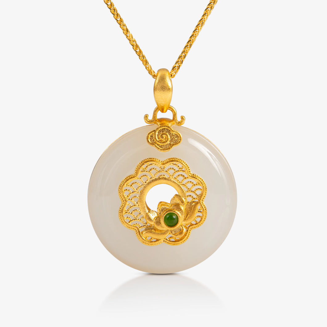 Nephrite and 24K Gold Filigree Lotus Peace Buckle Pendant featuring intricate lotus motif and peace buckle design