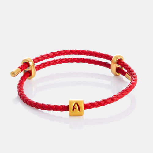 24K Gold Letter A Charm on red leather bracelet