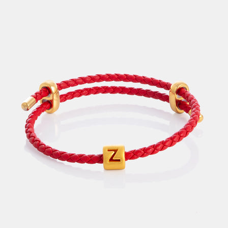 24K Gold Letter Z Charm on red leather bracelet