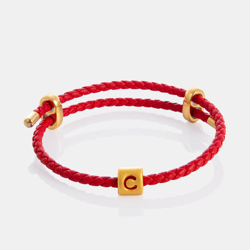 24K Gold Letter C Charm on red leather bracelet