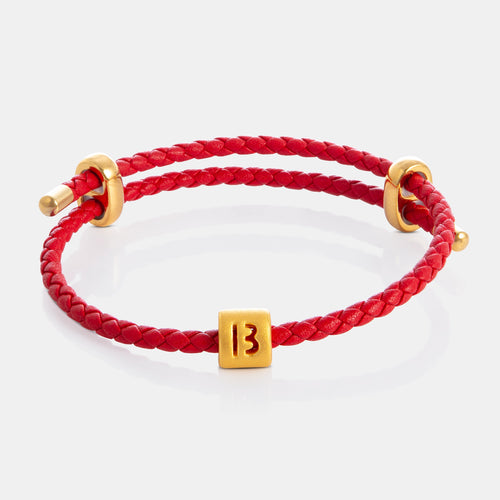 24K Gold Letter B Charm on red leather bracelet