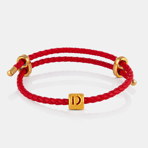 24K Gold Letter D Charm on red leather bracelet