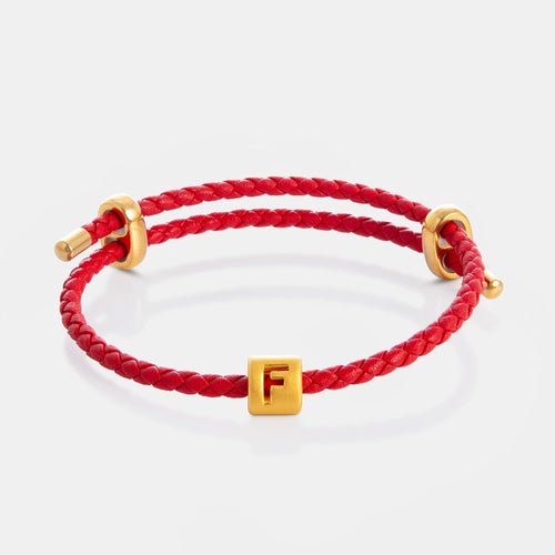 24K Gold Letter F Charm on red leather bracelet