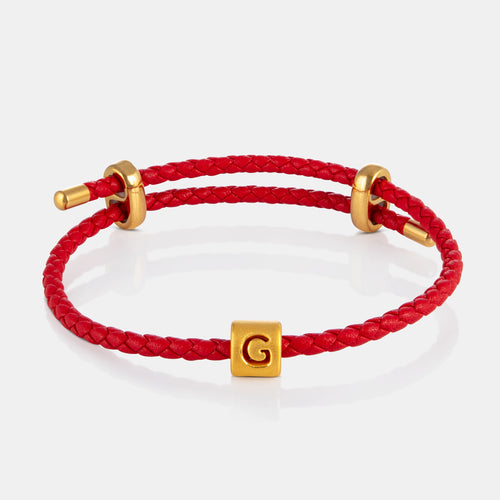 24K Gold Letter G Charm on red leather bracelet