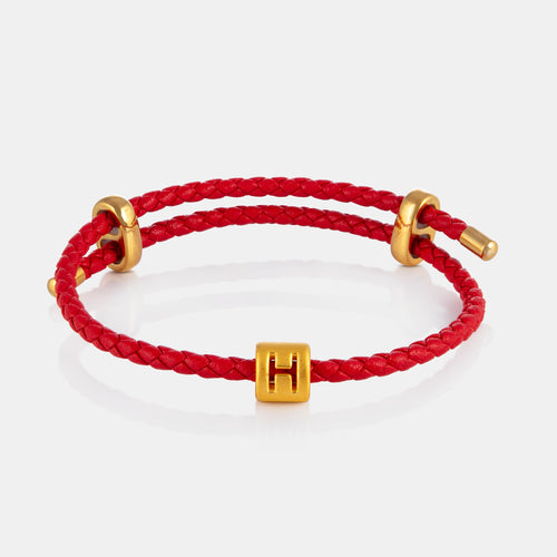 24K Gold Letter H Charm on red leather bracelet