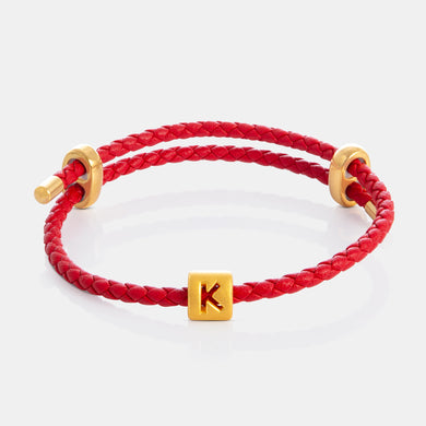 24K Gold Letter K Charm on red leather bracelet