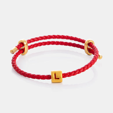 24K Gold Letter L Charm on red leather bracelet