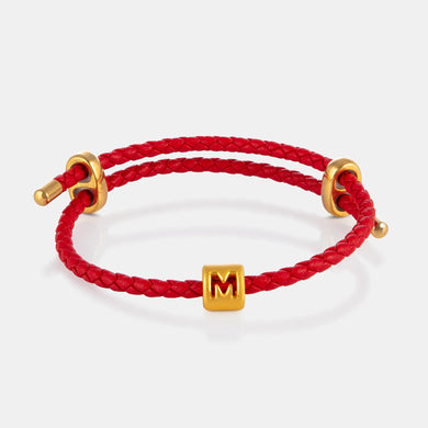 24K Gold Letter M Charm on red leather bracelet