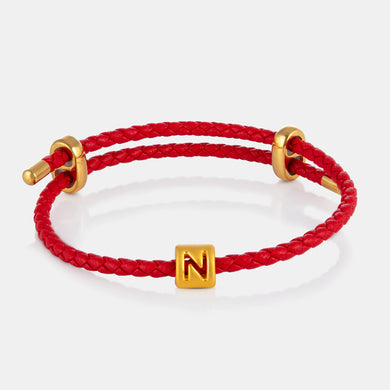 24K Gold Letter N Charm on red leather bracelet