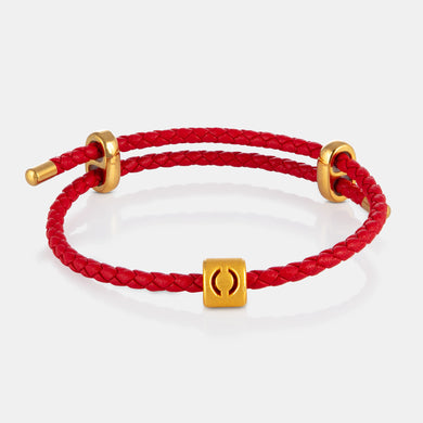 24K Gold Letter O Charm on red leather bracelet