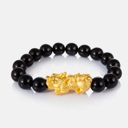 24K Gold Pixiu and Obsidian Bead Bracelet