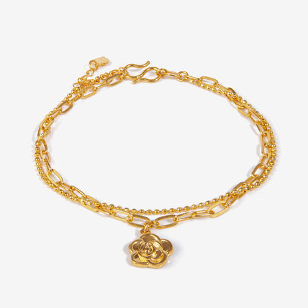 24K gold bracelet with rose charm and paperclip chain – Lao Feng Xiang design

Gold link bracelet with double chain and sculpted flower – floral charm detail