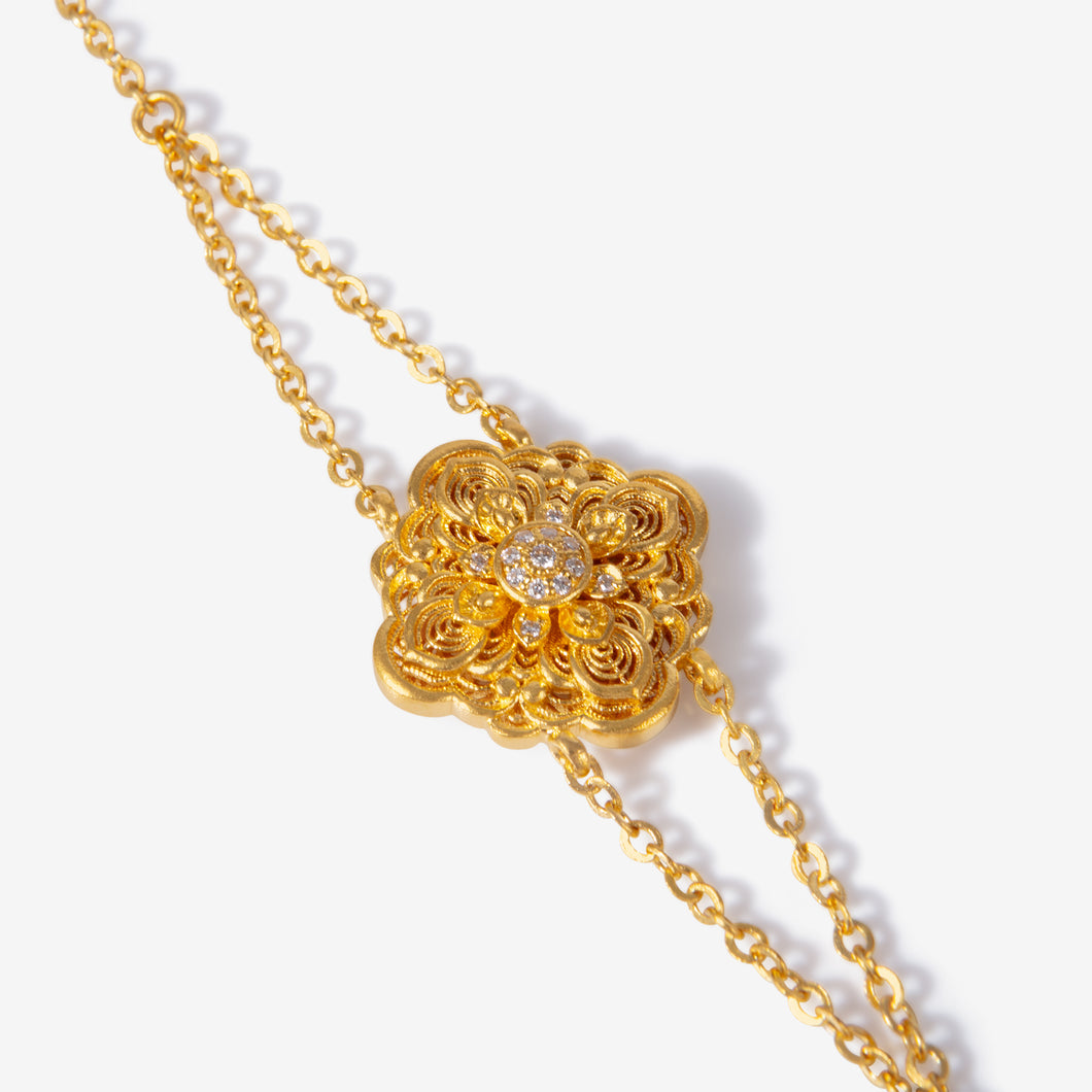 24K gold filigree line bracelet with phoenix-inspired centerpiece and diamonds

足金凤凰花丝钻石手链，双链设计，中心凤凰纹饰镶嵌钻石