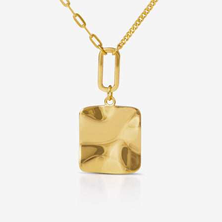 
24K gold molten square pendant necklace – Lao Feng Xiang sculptural design

Fluid gold rectangle charm on mixed link chain – 9.02g modern gold necklace

