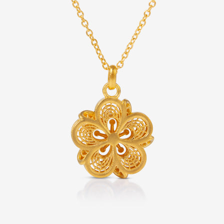 24K Antique Gold Diamond Flower Filigree Necklace