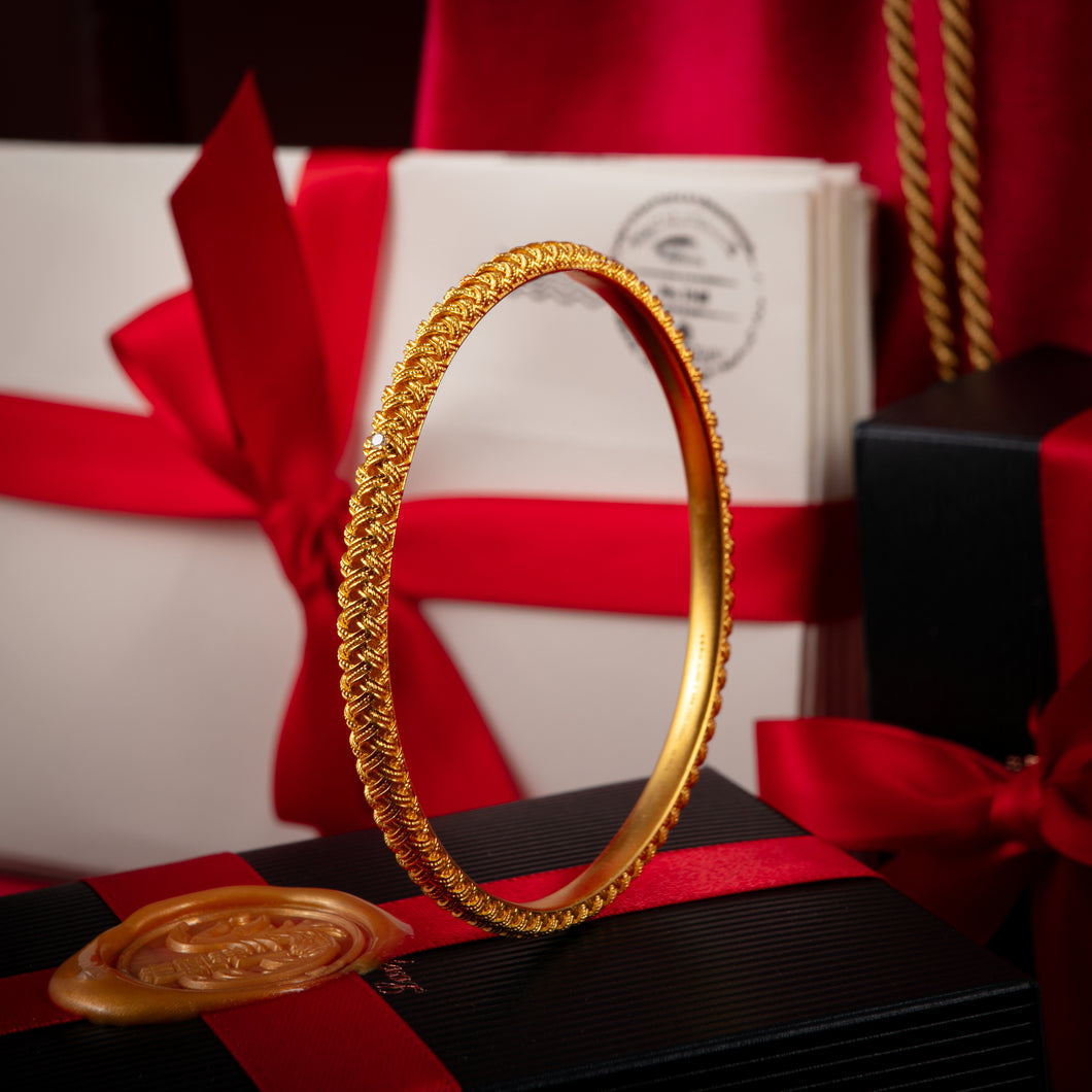 24K Antique Gold Diamond Woven Milgrain Bangle