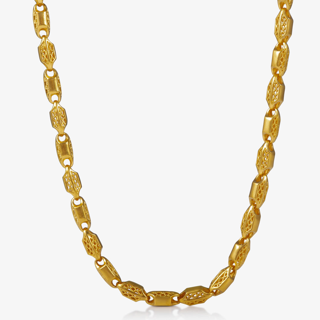 24K Antique Gold Necklace with Alternating Filigree and Polished Octagonal Links
24K古法金项链，交替雕花与抛光八角链节设计