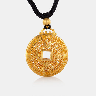 Front view of antique gold coin pendant with blessing script