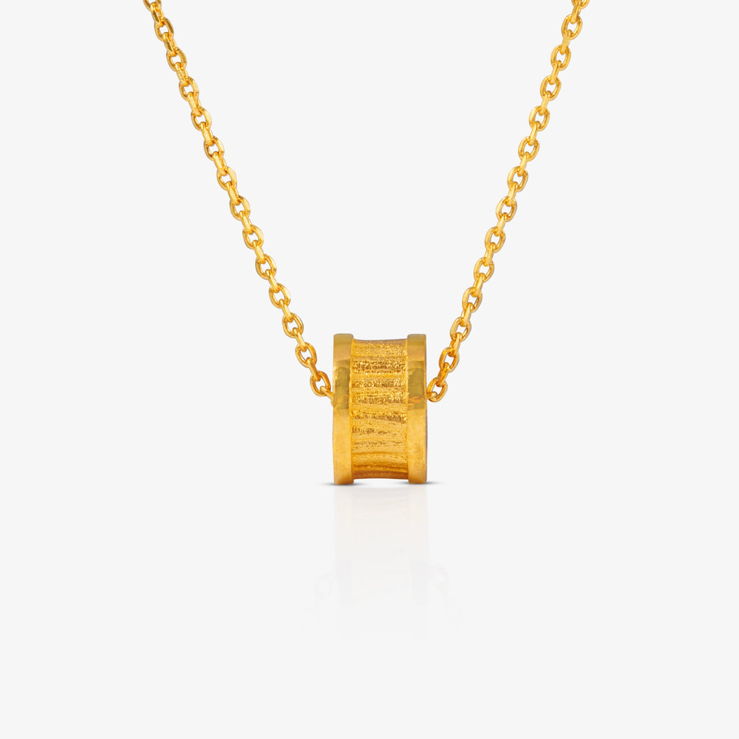 24K Antique Gold textured cylinder pendant with matte finish and polished contour lines on adjustable chain